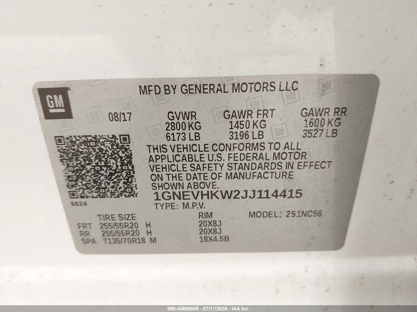2018 Chevrolet Traverse Lt Leather VIN: 1GNEVHKW2JJ114415 Lot: 45660509