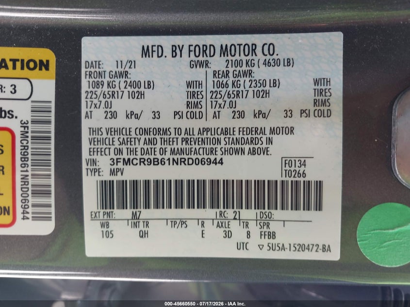 2022 Ford Bronco Sport Big Bend VIN: 3FMCR9B61NRD06944 Lot: 45660550