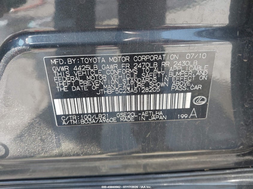 2010 Lexus Is 250 VIN: JTHBF5C23A5128205 Lot: 45660562
