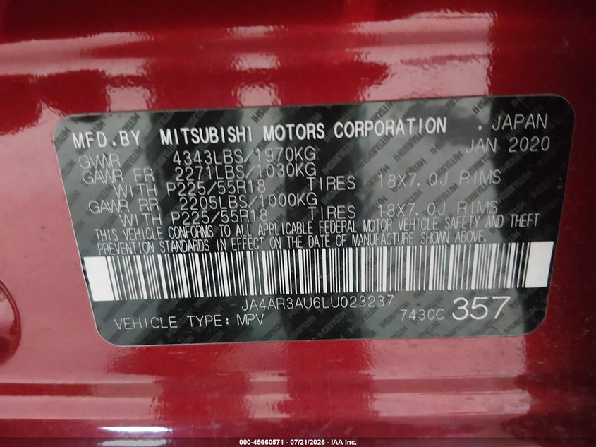 2020 Mitsubishi Outlander Sport 2.0 Be Awc/2.0 Es Awc/2.0 Se Awc/2.0 Sp Awc VIN: JA4AR3AU6LU023237 Lot: 45660571