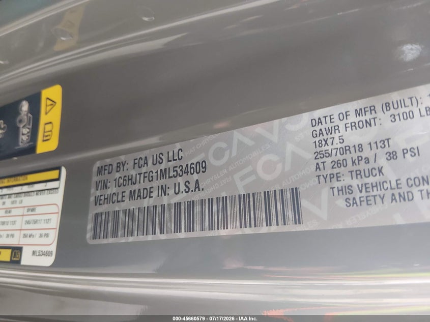 2021 Jeep Gladiator Overland 4X4 VIN: 1C6HJTFG1ML534609 Lot: 45660579