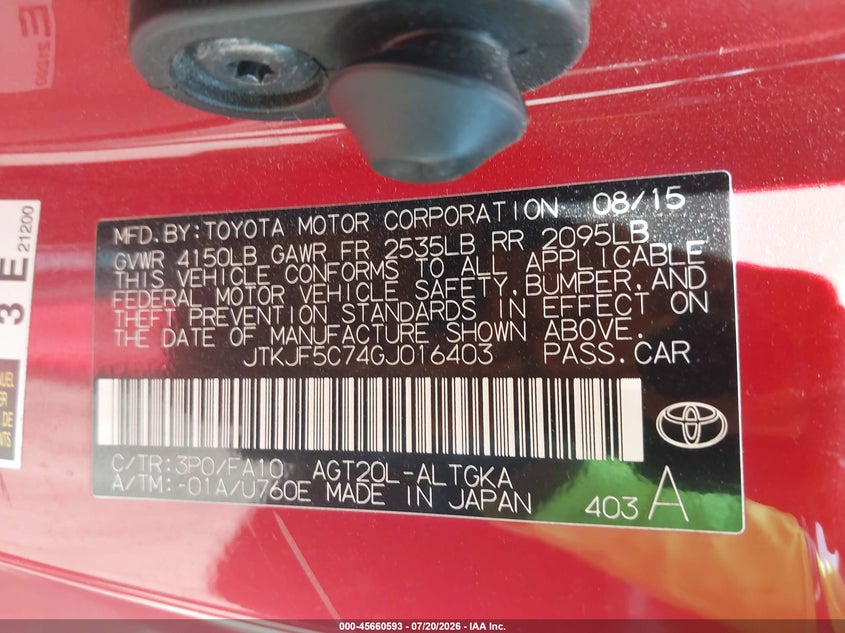 2016 Scion Tc VIN: JTKJF5C74GJ016403 Lot: 45660593