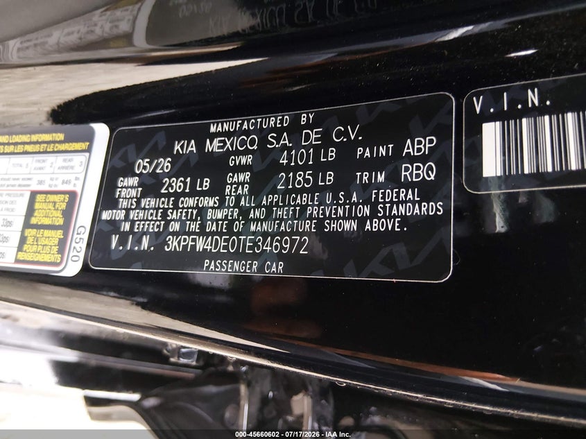 2026 Kia K4 Gt-Line VIN: 3KPFW4DE0TE346972 Lot: 45660602