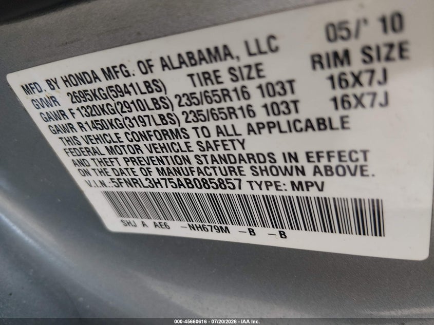 2010 Honda Odyssey Ex-L VIN: 5FNRL3H75AB085857 Lot: 45660616