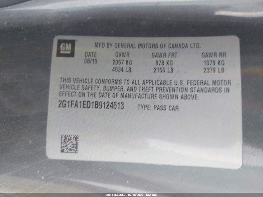 2011 Chevrolet Camaro 2Ls VIN: 2G1FA1ED1B9124613 Lot: 45660652