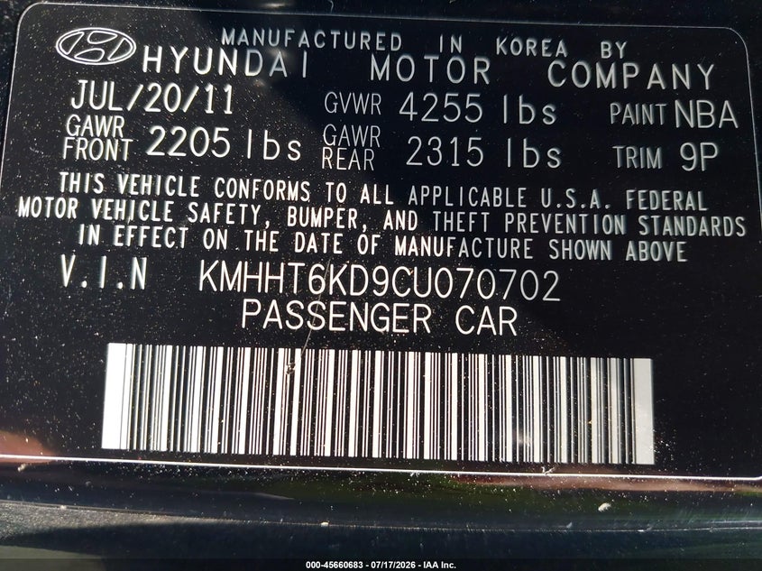 2012 Hyundai Genesis 2.0T VIN: KMHHT6KD9CU070702 Lot: 45660683