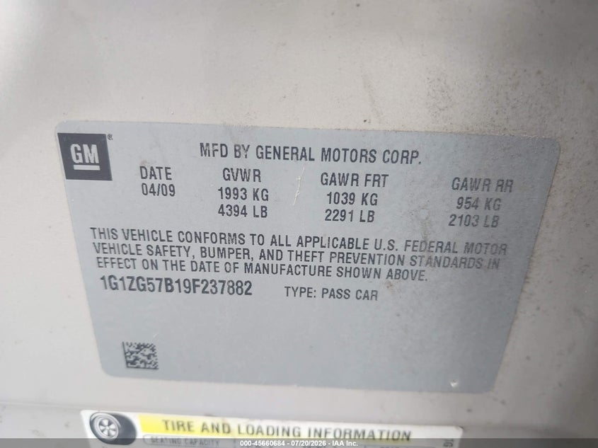 2009 Chevrolet Malibu Ls VIN: 1G1ZG57B19F237882 Lot: 45660684