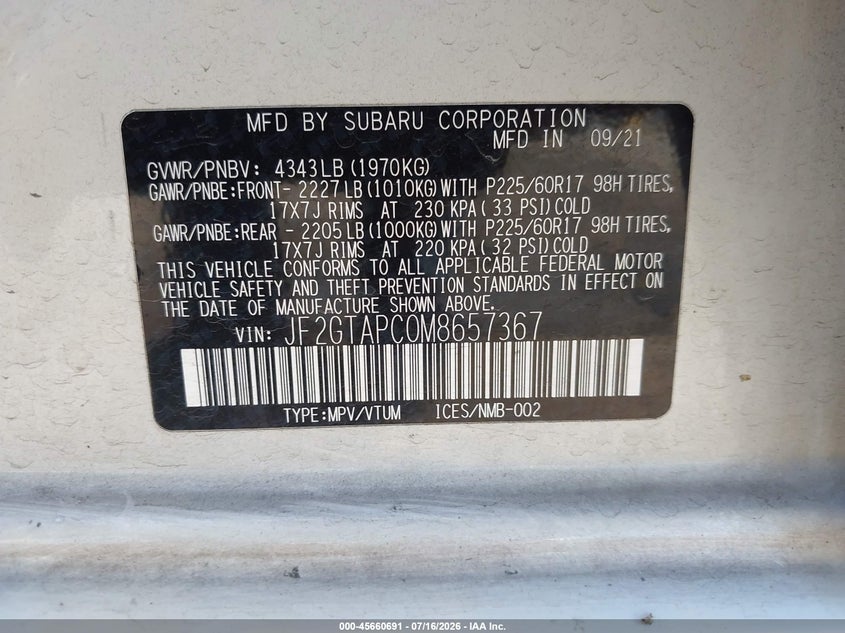 2021 Subaru Crosstrek Premium VIN: JF2GTAPC0M8657367 Lot: 45660691