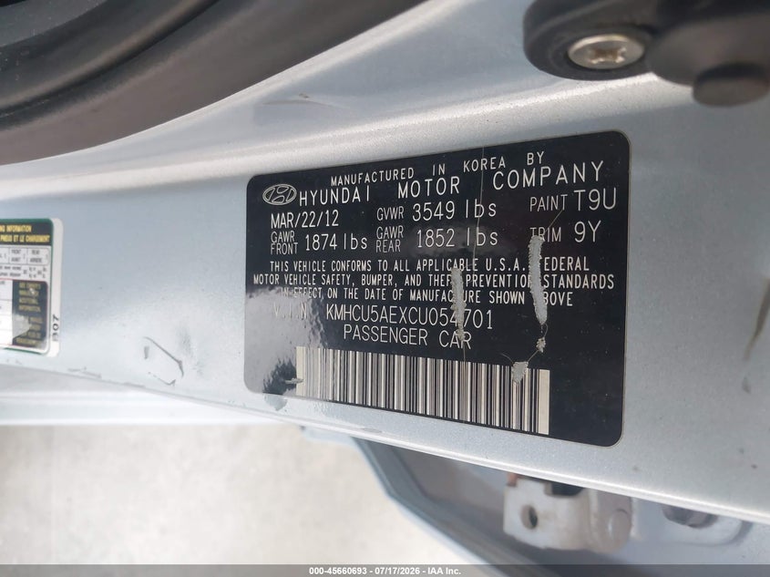 2012 Hyundai Accent Se VIN: KMHCU5AEXCU054701 Lot: 45660693