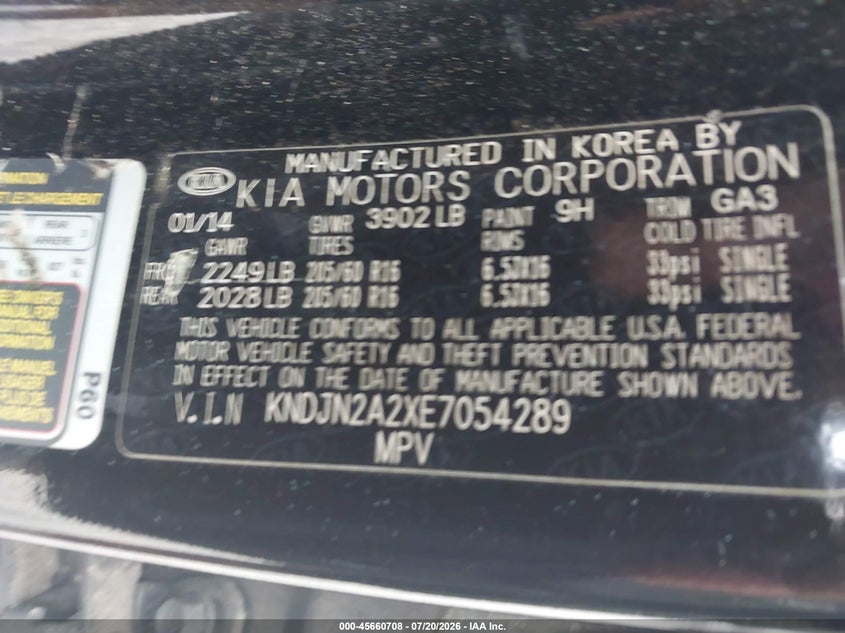 2014 Kia Soul VIN: KNDJN2A2XE7054289 Lot: 45660708