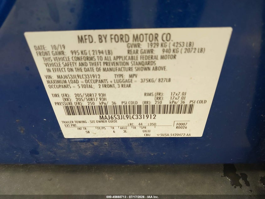2020 Ford Ecosport Ses VIN: MAJ6S3JL9LC331912 Lot: 45660713