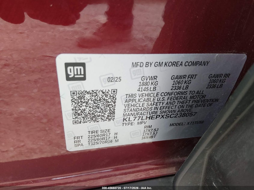 2025 Chevrolet Trax Fwd Lt VIN: KL77LHEPXSC238057 Lot: 45660720