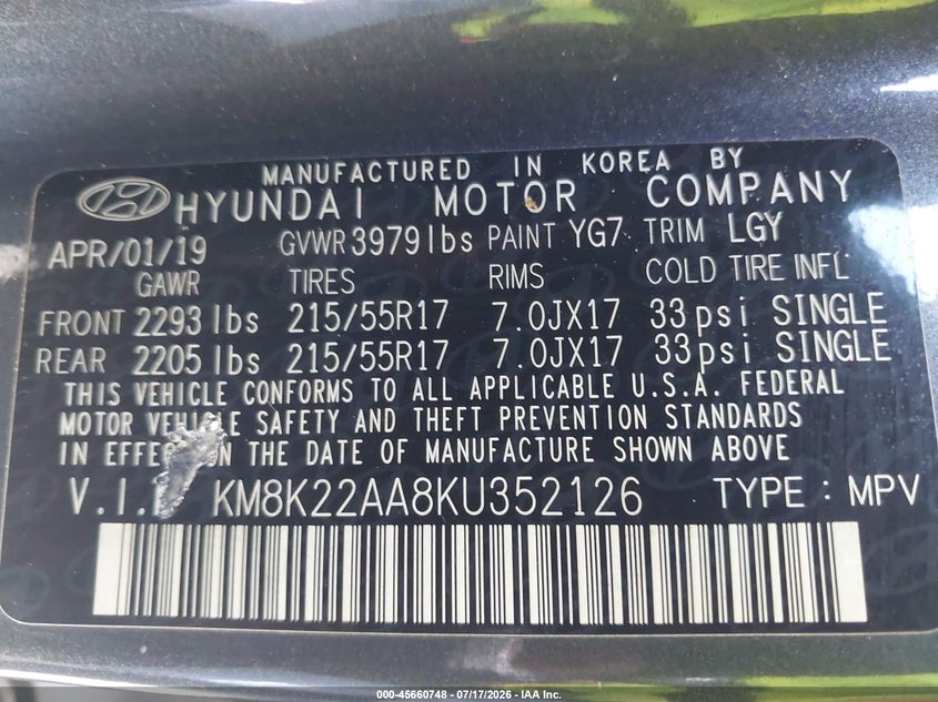 2019 Hyundai Kona Sel VIN: KM8K22AA8KU352126 Lot: 45660748