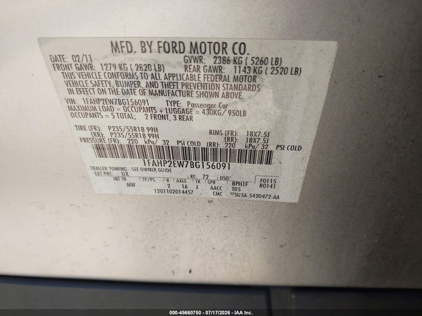 2011 Ford Taurus Sel VIN: 1FAHP2EW7BG156091 Lot: 45660750