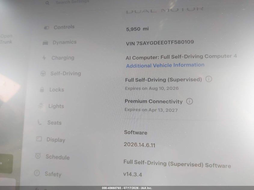 2026 Tesla Model Y All-Wheel Drive/Long Range Launch Series/Premium All-Wheel Drive VIN: 7SAYGDEE0TF580109 Lot: 45660765