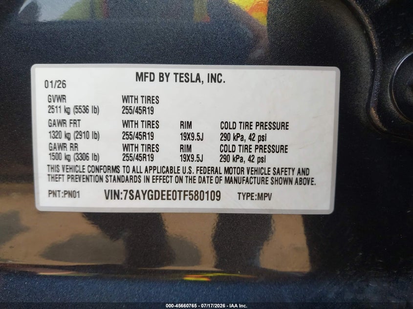 2026 Tesla Model Y All-Wheel Drive/Long Range Launch Series/Premium All-Wheel Drive VIN: 7SAYGDEE0TF580109 Lot: 45660765