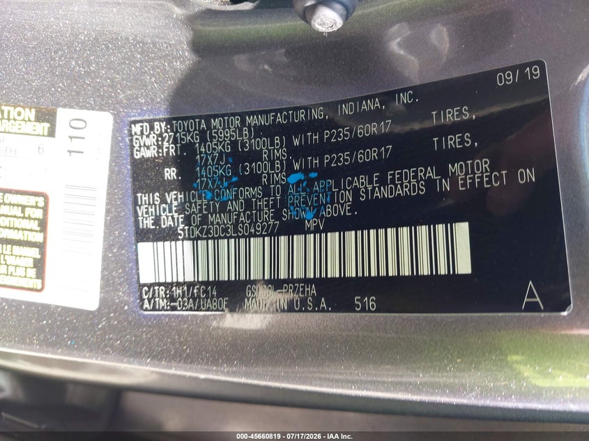2020 Toyota Sienna Le VIN: 5TDKZ3DC3LS049277 Lot: 45660819