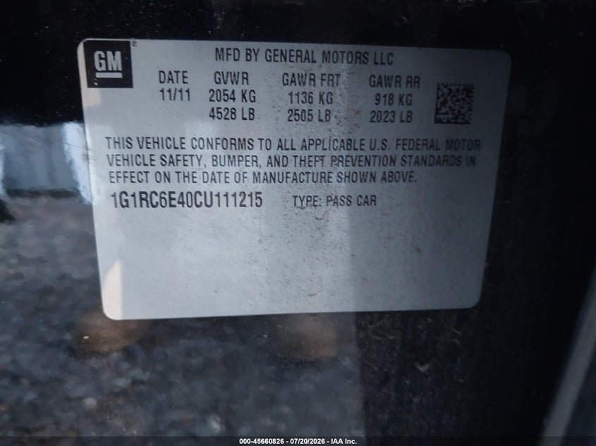 2012 Chevrolet Volt VIN: 1G1RC6E40CU111215 Lot: 45660826