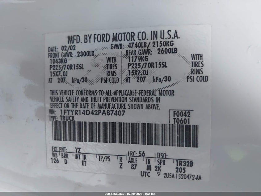 2002 Ford Ranger Xl/Xlt VIN: 1FTYR14D42PA87407 Lot: 45660830