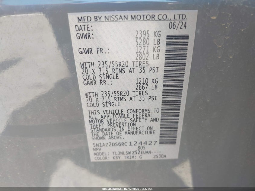 2024 Nissan Murano Platinum Intelligent Awd VIN: 5N1AZ2DS6RC124427 Lot: 45660854
