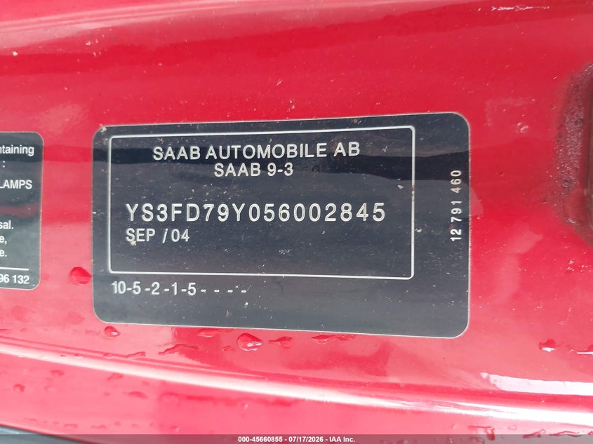 2005 Saab 9-3 Arc VIN: YS3FD79Y056002845 Lot: 45660855