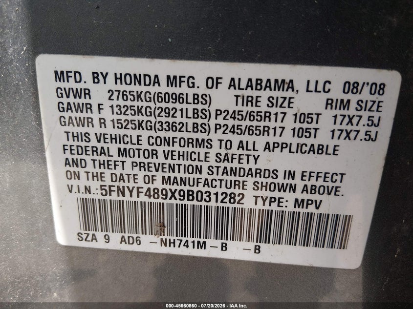 2009 Honda Pilot Touring VIN: 5FNYF489X9B031282 Lot: 45660860
