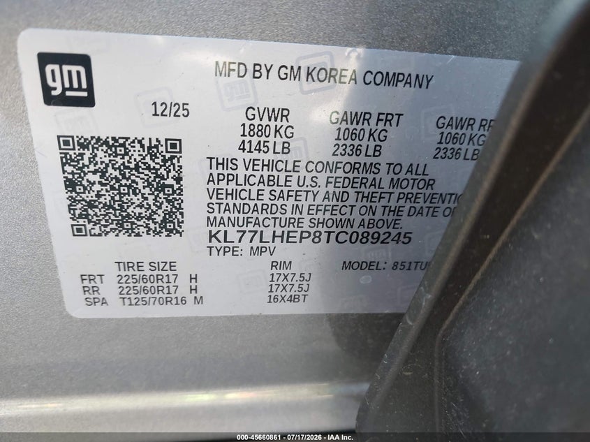 2026 Chevrolet Trax Fwd Lt VIN: KL77LHEP8TC089245 Lot: 45660861