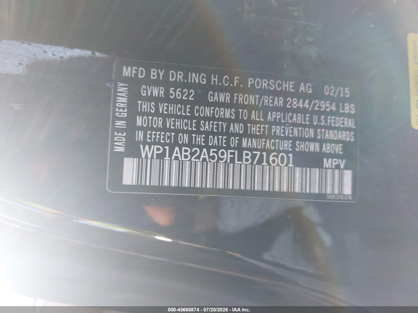 2015 Porsche Macan S VIN: WP1AB2A59FLB71601 Lot: 45660874