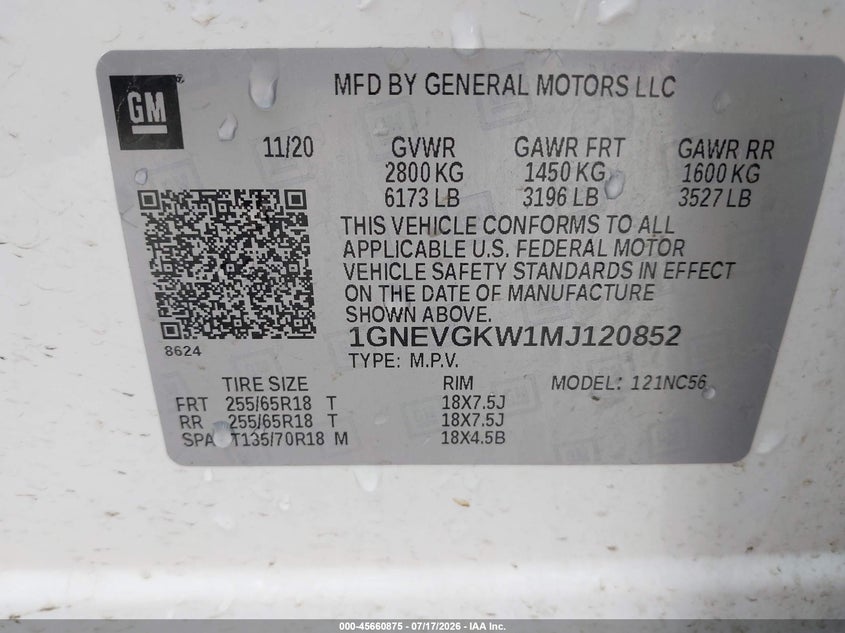2021 Chevrolet Traverse Awd Lt Cloth VIN: 1GNEVGKW1MJ120852 Lot: 45660875