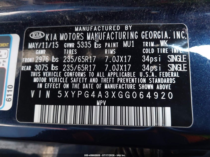 2016 Kia Sorento 2.4L Lx VIN: 5XYPG4A3XGG064920 Lot: 45660889
