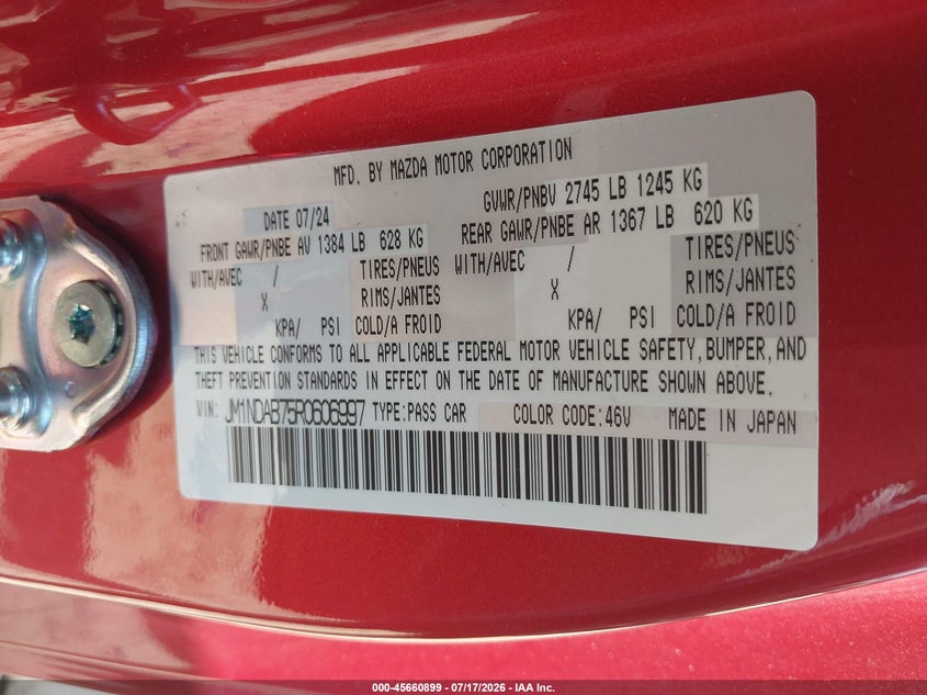 2024 Mazda Mx-5 Miata Sport VIN: JM1NDAB75R0606997 Lot: 45660899