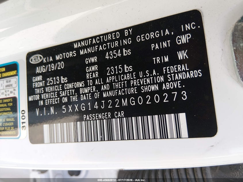 2021 Kia K5 Lxs VIN: 5XXG14J22MG020273 Lot: 45660918