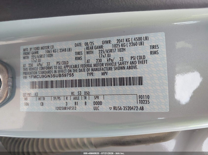 2025 Ford Escape Active VIN: 1FMCU9GN3SUB59755 Lot: 45660920