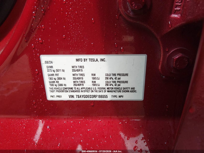 2024 Tesla Model Y Long Range Single Motor Rear-Wheel Drive/Rwd VIN: 7SAYGDED3RF186555 Lot: 45660934