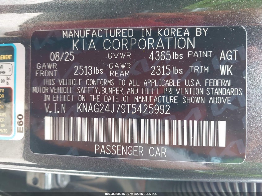 2026 Kia K5 Lxs Fwd VIN: KNAG24J79T5425992 Lot: 45660935