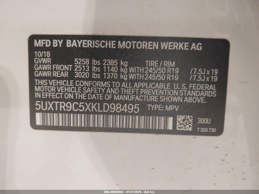 2019 BMW X3 xDrive30I VIN: 5UXTR9C5XKLD98495 Lot: 45660942