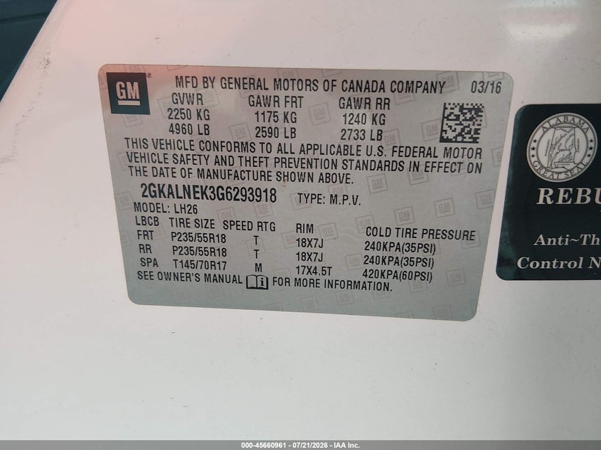 2016 GMC Terrain Sle-2 VIN: 2GKALNEK3G6293918 Lot: 45660961