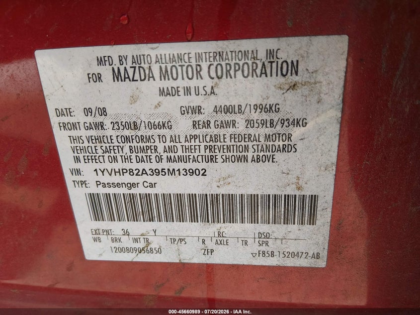 2009 Mazda Mazda6 I Touring VIN: 1YVHP82A395M13902 Lot: 45660989