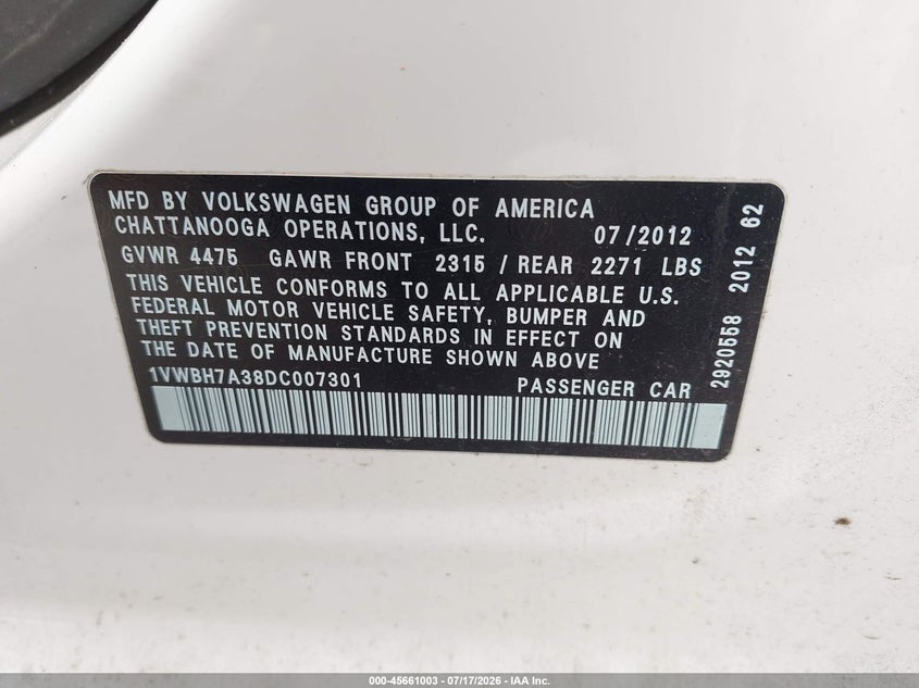 2013 Volkswagen Passat 2.5L Se VIN: 1VWBH7A38DC007301 Lot: 45661003