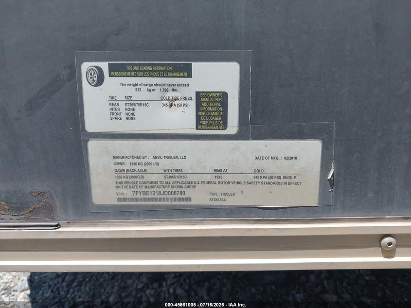 2018 OTHER ANVIL TRAILER TRAILER N/A