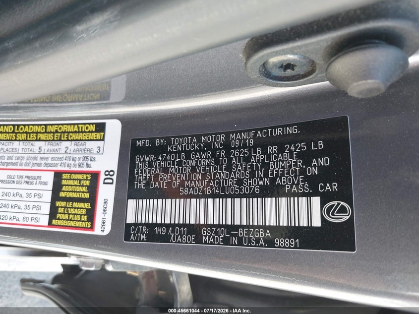 2020 Lexus Es 350 VIN: 58ADZ1B14LU053076 Lot: 45661044