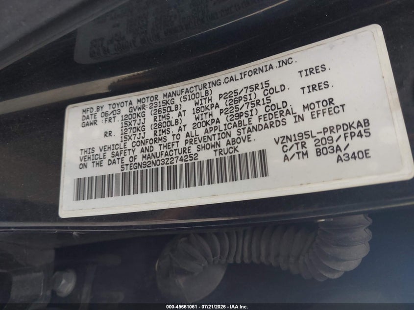 2003 Toyota Tacoma Prerunner V6 VIN: 5TEGN92N03Z274252 Lot: 45661061