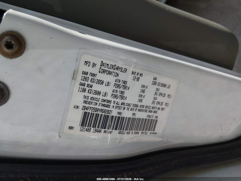 2000 Dodge Caravan VIN: 2B4FP25B0YR682825 Lot: 45661066