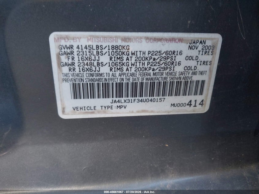 2004 Mitsubishi Outlander Ls VIN: JA4LX31F34U040157 Lot: 45661067
