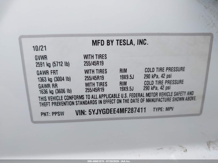 2021 Tesla Model Y Long Range Dual Motor All-Wheel Drive VIN: 5YJYGDEE4MF287411 Lot: 45661078