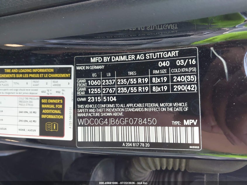 2016 Mercedes-Benz Glc 300 VIN: WDC0G4JB6GF078450 Lot: 45661086