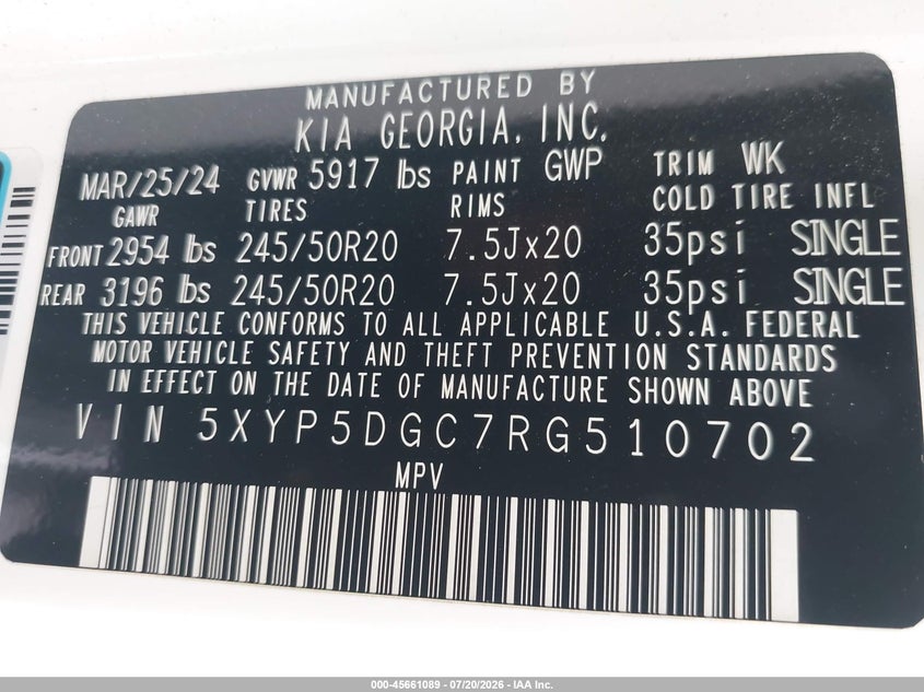 2024 Kia Telluride Sx X-Line VIN: 5XYP5DGC7RG510702 Lot: 45661089