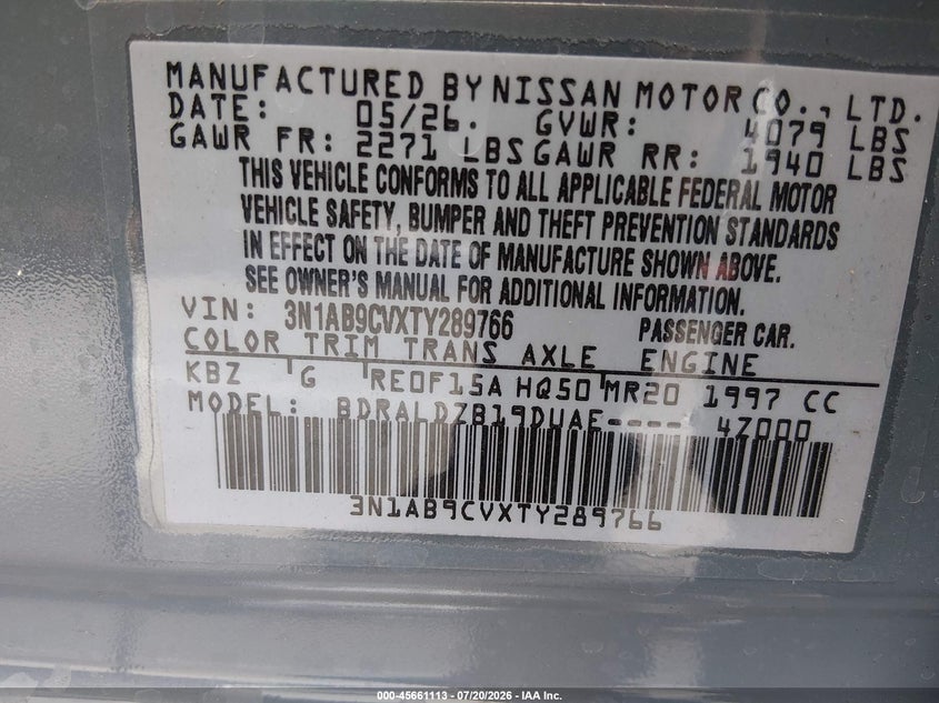 2026 Nissan Sentra Sv VIN: 3N1AB9CVXTY289766 Lot: 45661113