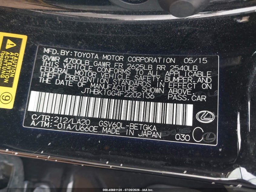2015 Lexus Es 350 VIN: JTHBK1GG4F2202136 Lot: 45661128