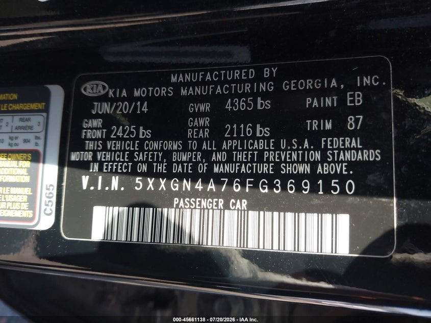 2015 Kia Optima Ex VIN: 5XXGN4A76FG369150 Lot: 45661138